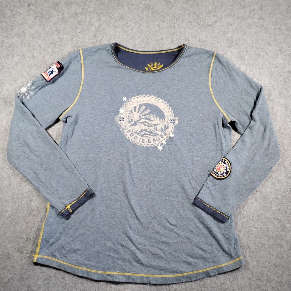 Eddie Bauer Womens Sun Valley Blue Long Sleeve Tee Mountain Sun Patch XL